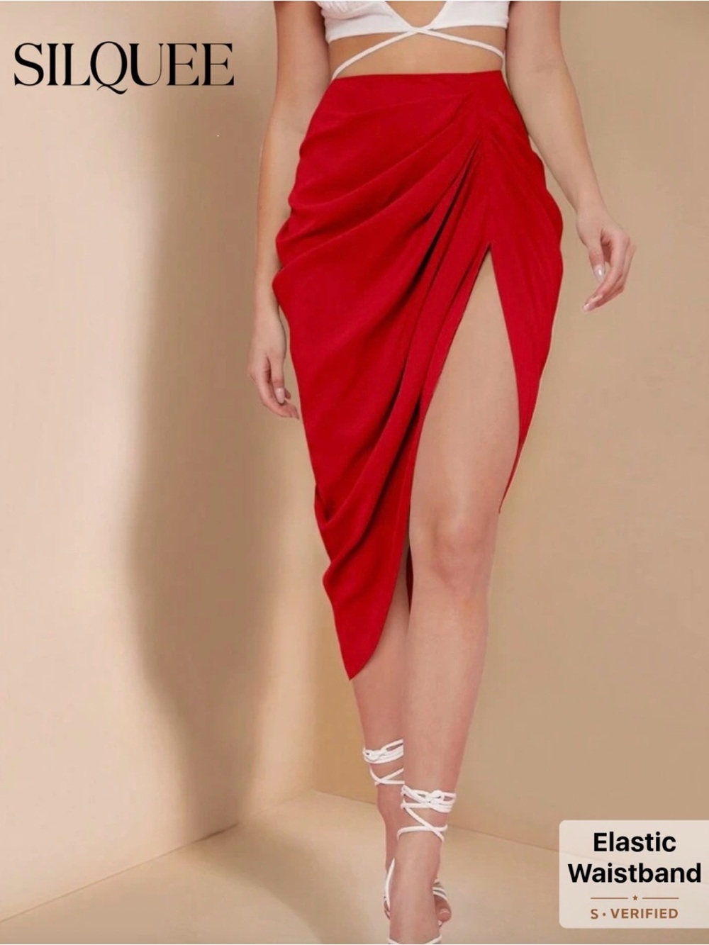 Silquee Ruched High-Slit Bodycon Midi Skirt